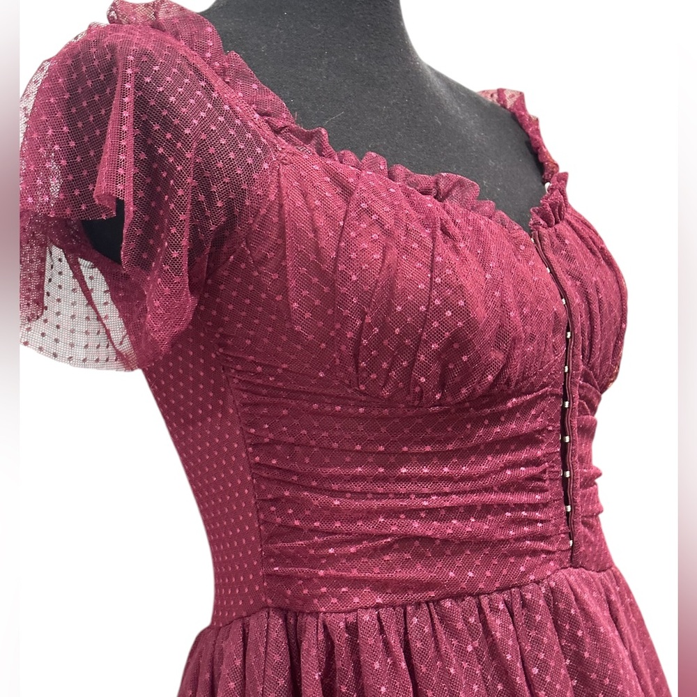 Lulus Sweet Amour Burgundy Tulle Swiss Dot Tiered Bustier  Midi Dress Size Large - Picture 8 of 13